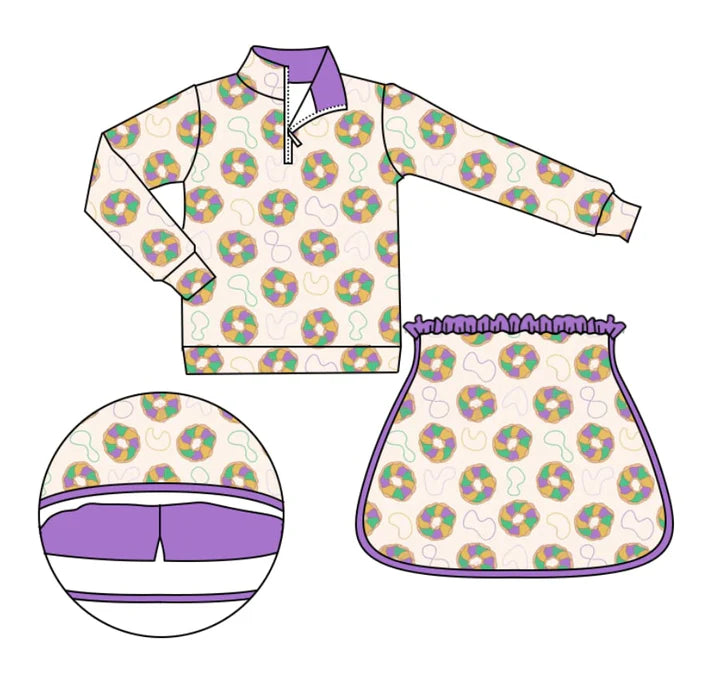 9.26 GLD1332 Baby Girls Donuts Checked Zipper Pullover Ruffle Skorts Mardigras Clothes Sets Preorder