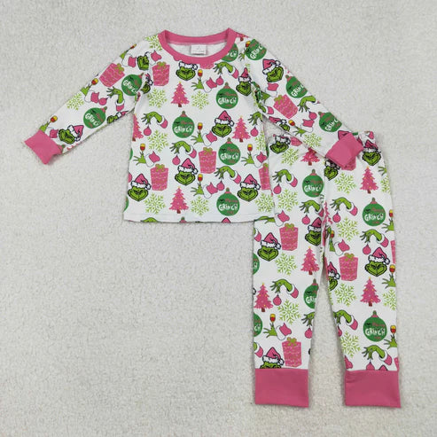9.24 GLP2733 Baby Girls Green Face Gifts Top Pant Christmas Pajamas Set