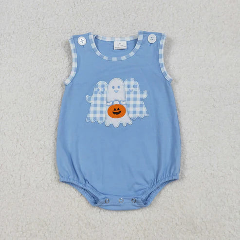 9.16 SR3197 Embroidery Baby Boys Blue Ghost Pumpkins Halloween Ruffle Romper