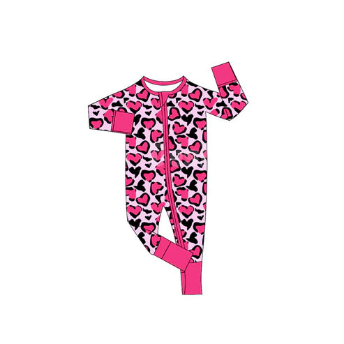 9.17 LR2644 Baby Girls Hot Pink Black Hearts Leopard Valentine Zipper Footie Rompers Preorder