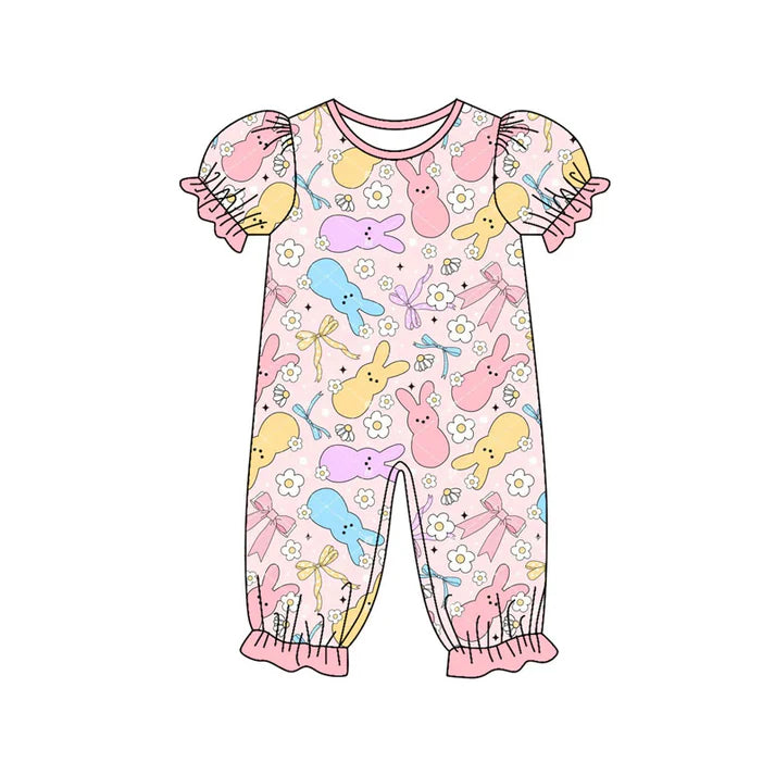 9.25 SR3226 Baby Girls Colorful Flowers Rabbits Easter Ruffle Footie Rompers Preorder
