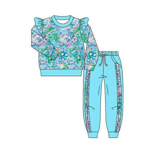 9.18 GLP2832 Baby Girls Blue Watercolor Floral Shirts Top Pockets Jogger Pants Clothes Sets Preorder