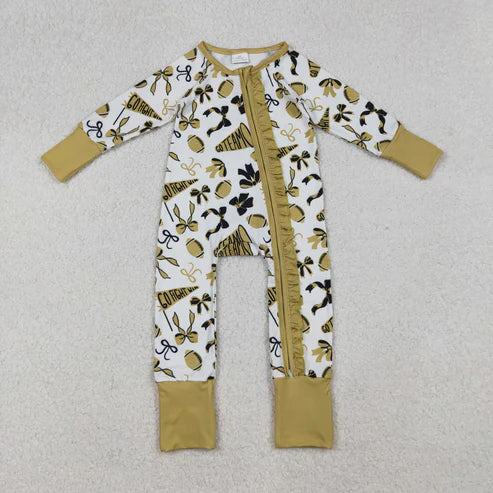 9.16 LR2515 Baby Girls Green Bows Footballs Plaid Ruffle Zipper Team Romper