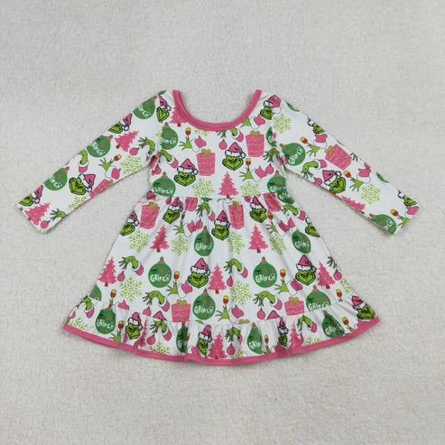 9.24 GLD1277 Baby Girls Green Face Gifts Christmas Ruffle Knee Length Dress