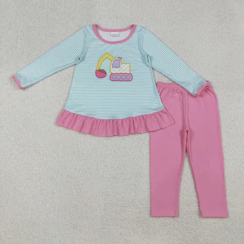 9.24 GLP2466 Embroidery Baby Girls Blue Stripe Long Sleeves Excavator Tunic Pink Legging Pant Set