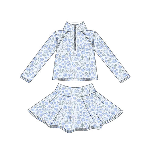 9.20 GLD1310 Baby Girls Blue Flowers Yoga Zipper Pullovers Skorts Clothes Set Preorder