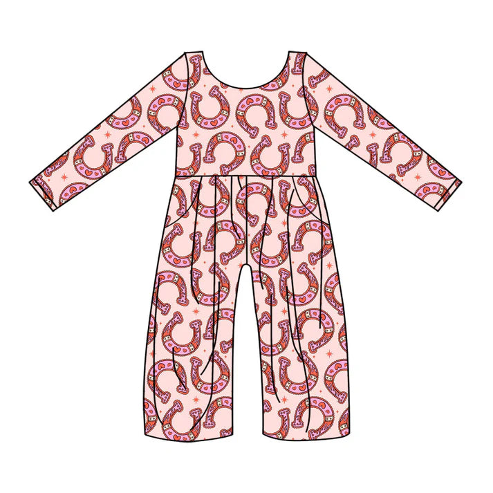 9.25 LR2684 Baby Girls Pink Long Sleeve Horses Shoes Hearts Pockets Jumpsuits Preorder