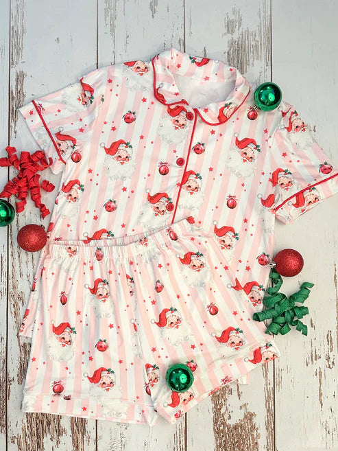 9.25 GSSO2706 Baby Girls Pink Stripe Santa Stars Button Top Shorts Christmas Pajamas Sets Preorder