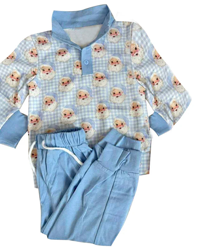 9.25 BLP1295 Baby Boys Blue Checked Santa Button Top Pockets Pants Christmas Clothes Sets Preorder