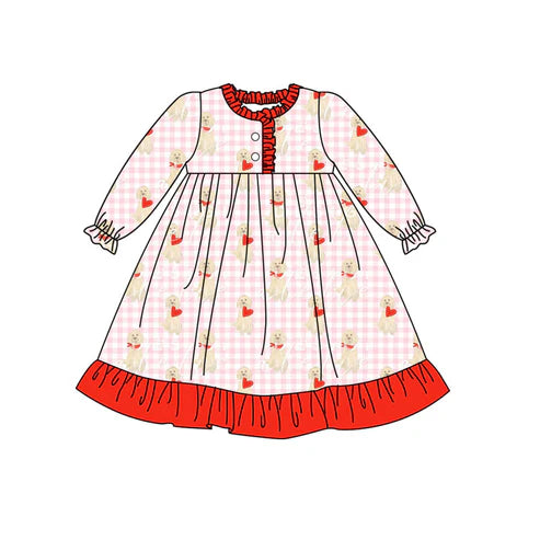 9.22 GLD1322 Baby Girls Pink Checked Dogs Hearts Button Ruffle Valentine Knee Length Dress Preorder