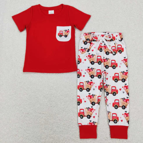9.15 BSPO0267 Love Truck Pocket Red Short Sleeve Pants Suit