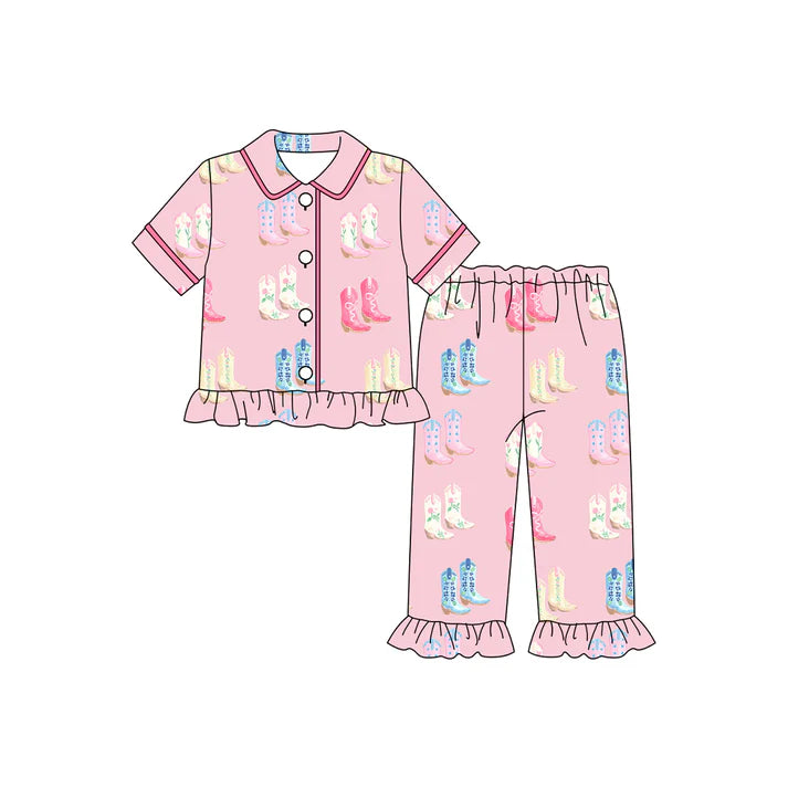 9.25 GSPO2082 Baby Girls Pink Boots Button Shorts Ruffle Sleeve Top Pants Pajamas Sets Preorder