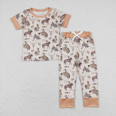 9.15 BSPO0344 Horseback riding mountain bull head light brown short sleeved trousers pajamas set