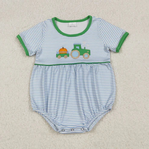 9.24 SR3201 Embroidery Baby Boys Blue Stripe Pumpkins Truck Fall Romper