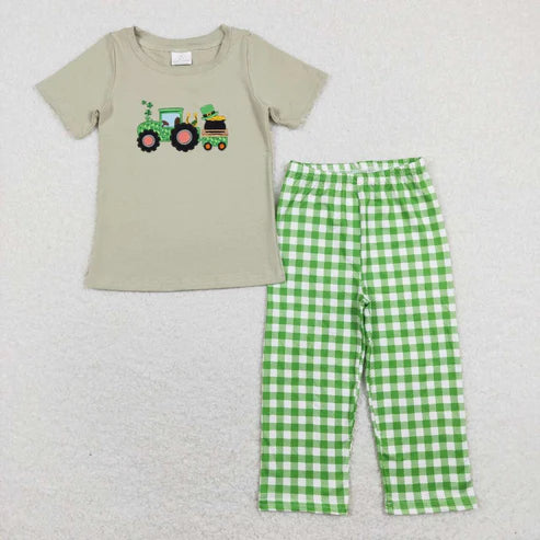9.15 BSPO0276 embroidery tractor gray green green and white plaid short-sleeved trousers suit