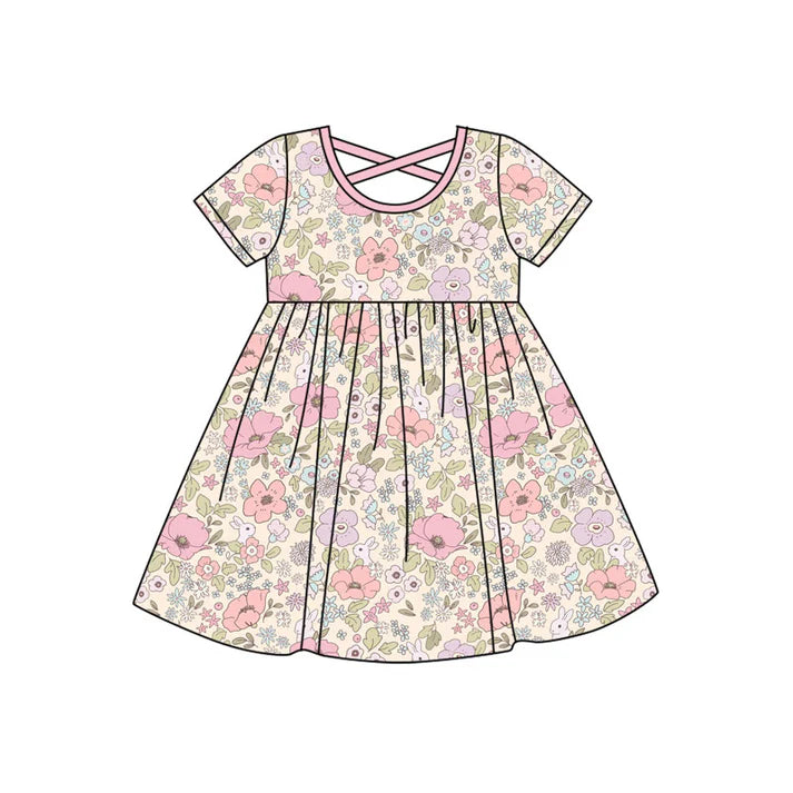9.25 GSD2814 Baby Girls Short Sleeve Flowers Rabbits Easter Knee Length Dresses Preorder