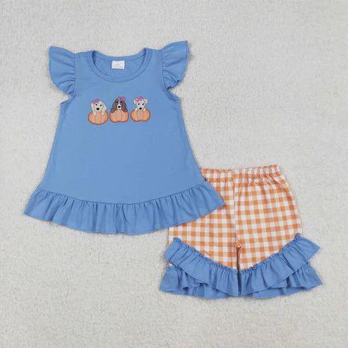 9.24 GSSO2700 Embroidery Baby Girls Blue Flutter Sleeves Dogs Pumpkins Tunic Ruffle Shorts Set