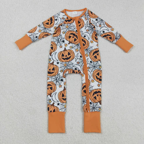 9.17 LR2528 Baby Boys Spider Web Pumpkins Halloween Zipper Footie Romper