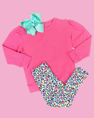 9.22 GLP2875 Baby Girls Hot Pink Shirts Top Leopard Leggings Clothes Sets Preorder
