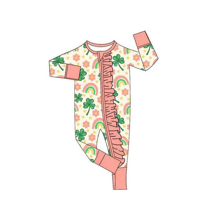 9.25 LR2692 Baby Girls Clovers Flowers St Patrick Ruffle Zipper Footie Rompers Preorder