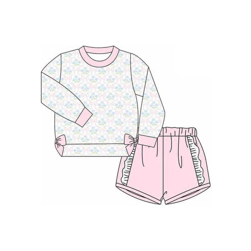 9.18 GLS0014 Baby Girls Pink Floral Bows Shirts Top Ruffle Shorts Clothes Sets Preorder