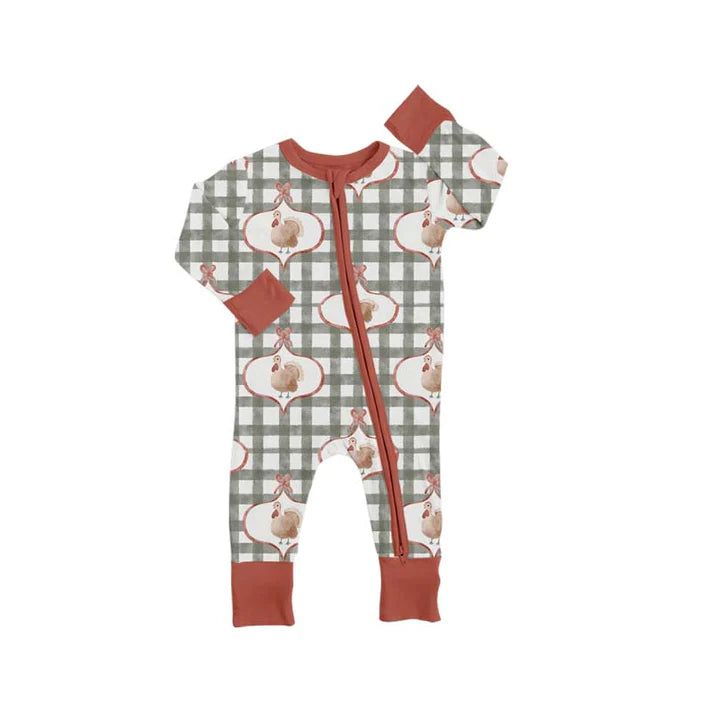 9.25 LR2691 Baby Boys Green Checked Turkey Thanksgiving Zipper Footie Rompers Preorder