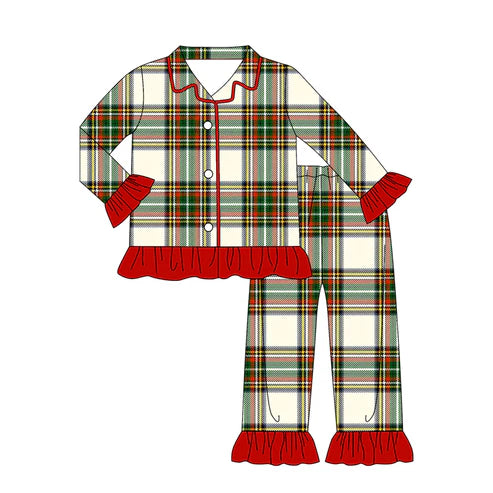 9.18 GLP2827 Adult Women Green Red Checked Button Top Ruffle Pant Christmas Pajamas Sets Preorder