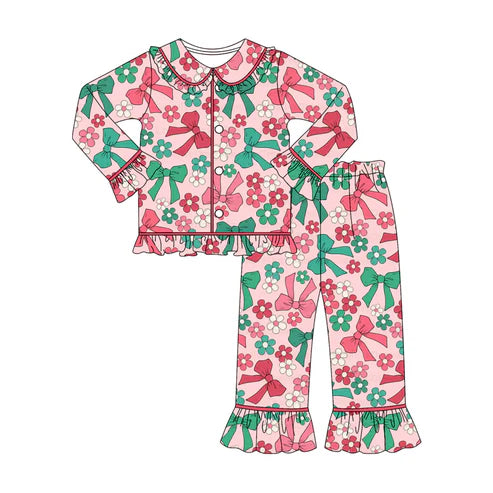 9.18 GLP2834 Baby Girls Green Red Flowers Bows Button Top Pants Christmas Pajamas Sets Preorder