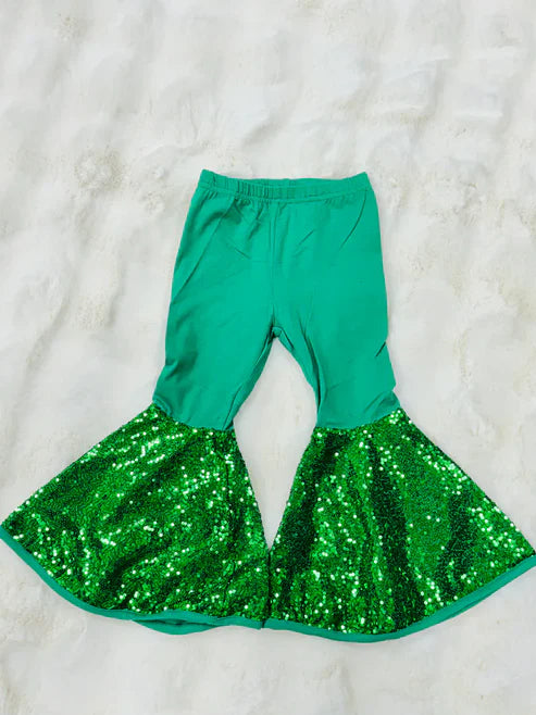 9.23 P0851 Baby Girls Green Sequin Bell Bottom Pants Preorder
