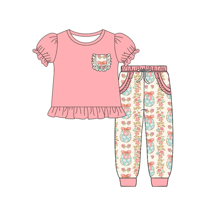 9.25 GSPO2075 Baby Girls Bows Eggs Flowers Pocket Top Ruffle Pants Easter Clothes Sets Preorder
