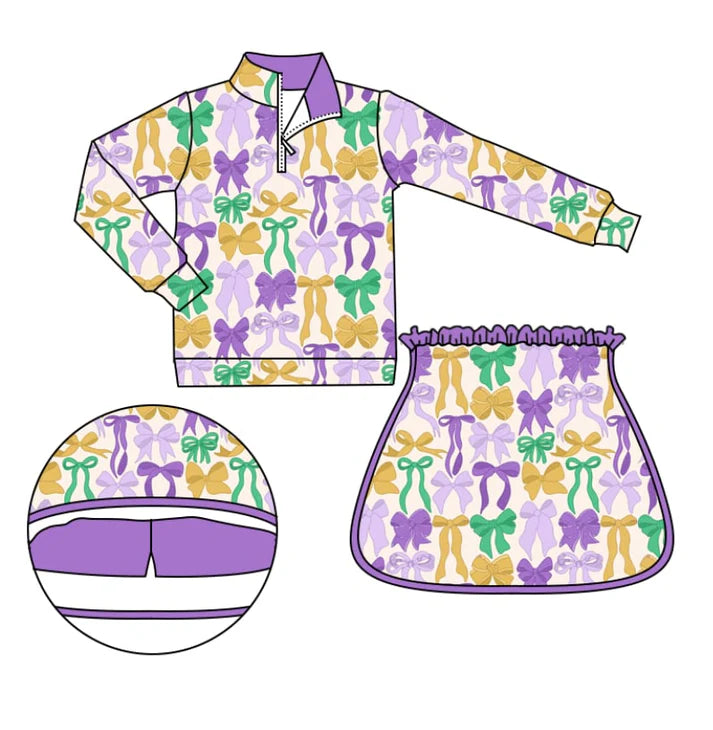 9.26 GLD1333 Baby Girls Bows Checked Zipper Pullover Ruffle Skorts Mardigras Clothes Sets Preorder