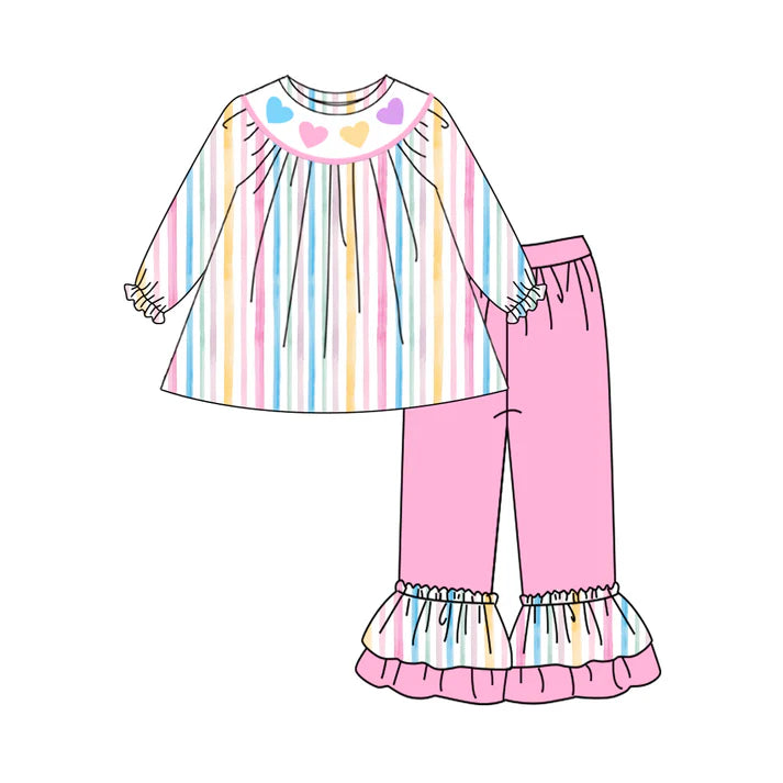 9.25 GLP2887 Baby Girls Colorful Stripes Hearts Tunic Ruffle Pants Valentine Clothes Sets Preorder