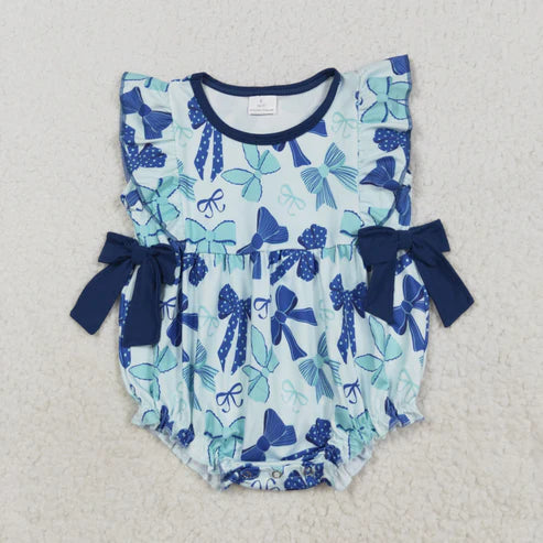 9.16 SR3121 Baby Girls Hot Blue Flutter Sleeves Bows Ruffle Romper