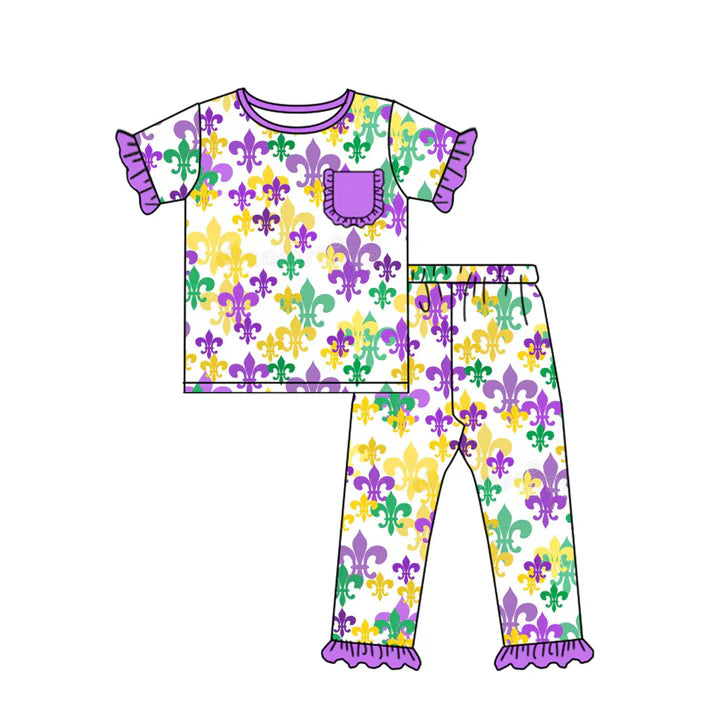 9.25 GSPO2080 Baby Girls Anchors Checked Pocket Top Ruffle Pants Mardigras Pajamas Sets Preorder