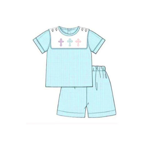 9.20 BSSO1550 Baby Boys Cross Short Sleeve Top Shorts Easter Clothes Sets Preorder