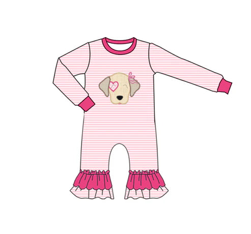 9.18 LR2660 Baby Girls Pink Stripe Heart Dog Valentine Ruffle Footie Rompers Preorder