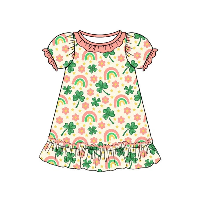 9.25 GSD2815 Baby Girls Flowers Clovers Ruffle Sleeve St Patrick Knee Length Dresses Preorder