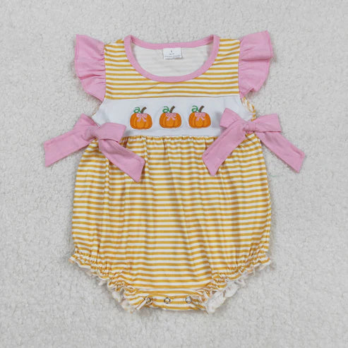 9.16 SR3125 Embroidery Baby Girls Flutter Sleeves Yellow Stripe Pumpkins Ruffle Romper