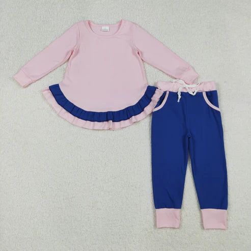 9.24 GLP2401 Baby Girls Light Pink Long Sleeves Ruffle Top Purple Pockets Legging Pant Set