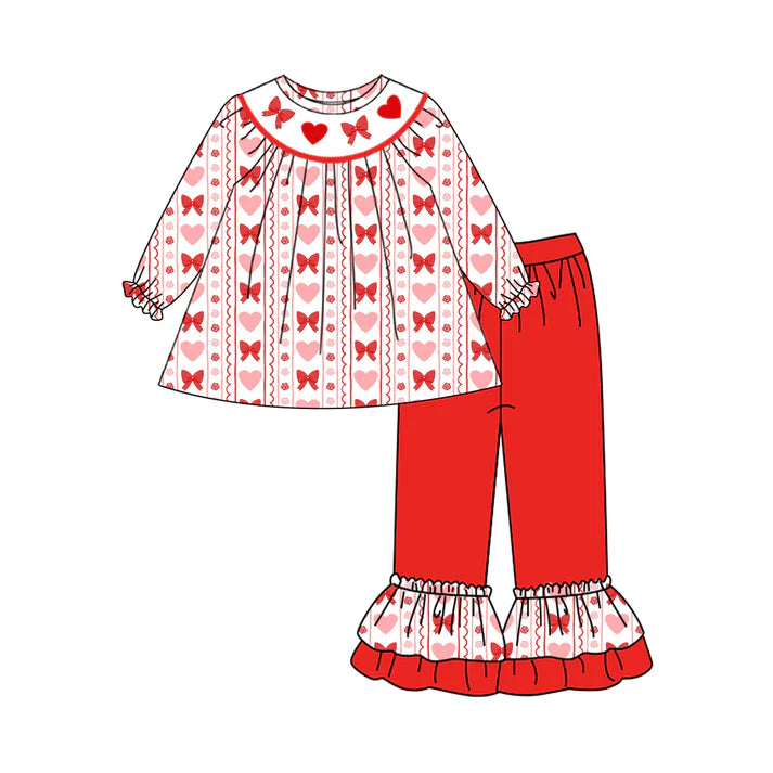 9.25 GLP2888 Baby Girls Red Bows Hearts Stripe Tunic Ruffle Pants Valentine Clothes Sets Preorder