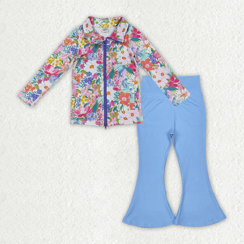 9.24 GT1061+P0577 Baby Girls Floral Pockets Zipper Jackets Bell Bottom Pants Yoga Active Clothes Set