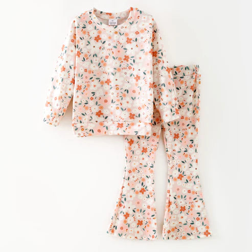 9.22 GLP2876 Baby Girls Orange Floral Top Bell Bottom Pants Clothes Sets Preorder
