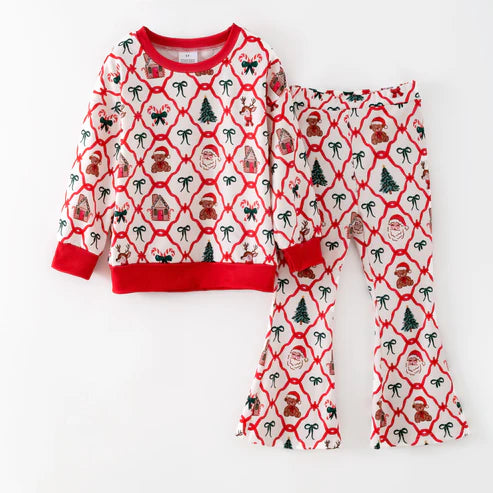 9.22 GLP2878 Baby Girls Red Bows Santa Top Bell Bottom Pants Christmas Clothes Sets Preorder