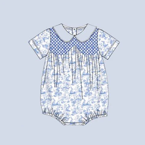 9.22 SR3220 Baby Boys Short Sleeve Blue Rabbits Floral Easter Rompers Preorder