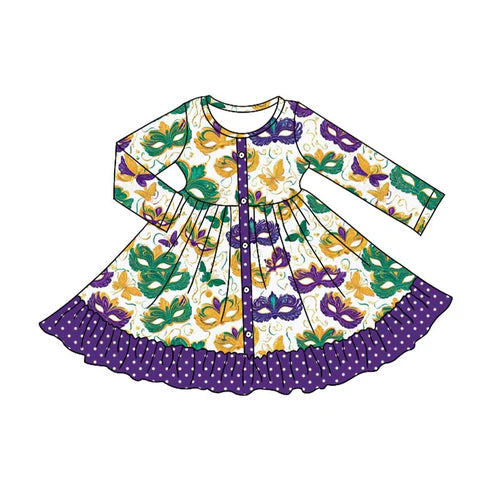 9.17 GLD1294 Baby Girls Mardi Gras Masks Button Ruffle Knee Length Dress Preorder