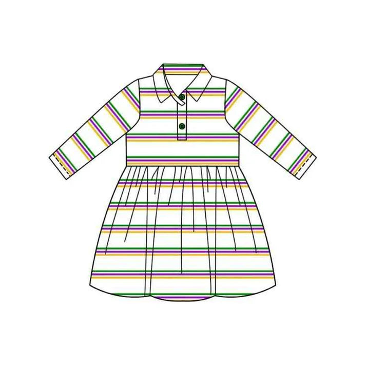 9.25 GLD1331 Baby Girls Pink Yellow Green Stripes Button Mardigras Knee Length Dresses Preorder