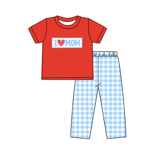 9.22 BSPO0588 Baby Boys I Love Mom Top Blue Checked Pants Clothes Sets Preorder