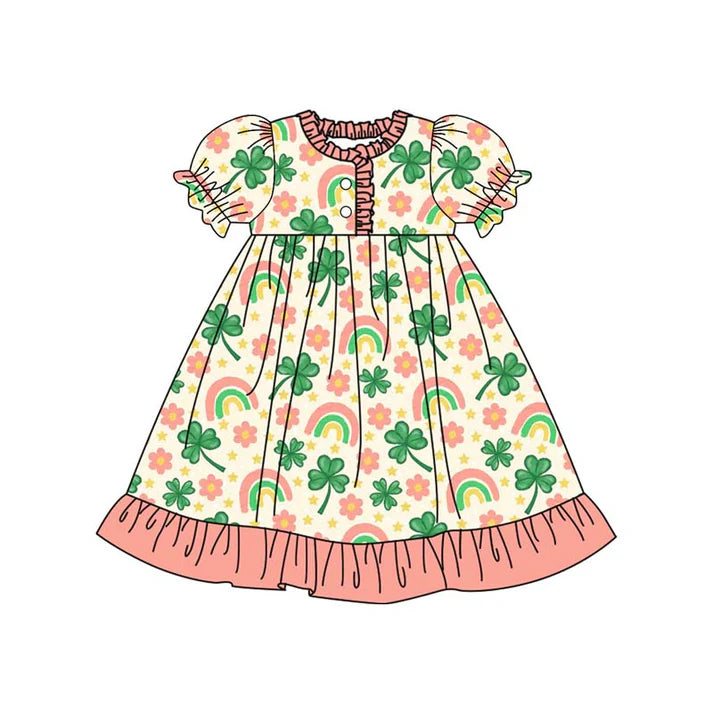 9.25 GSD2816 Baby Girls Flowers Clovers Button Ruffle Sleeve St Patrick Knee Length Dresses Preorder