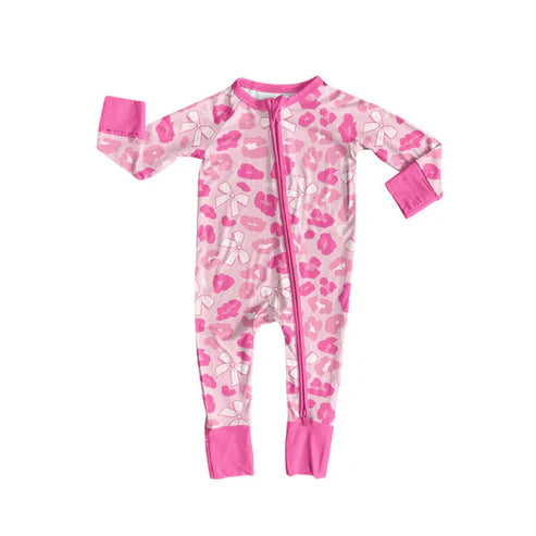 9.23 LR2686 Baby Girls Pink Bows Leopard Zipper Footie Rompers Preorder