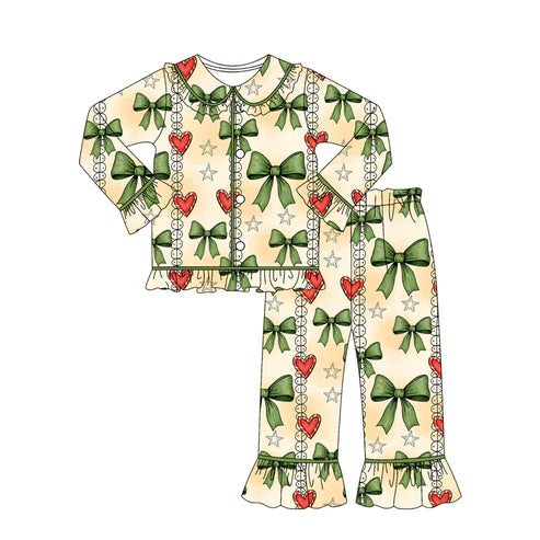 9.18 GLP2833 Baby Girls Green Red Hearts Bows Button Top Pants Christmas Pajamas Sets Preorder